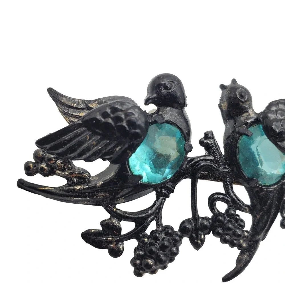 Vintage Bird Brooch Aqua Blue Acrylic Belly Early Plastic Pin 1940s Lovebirds